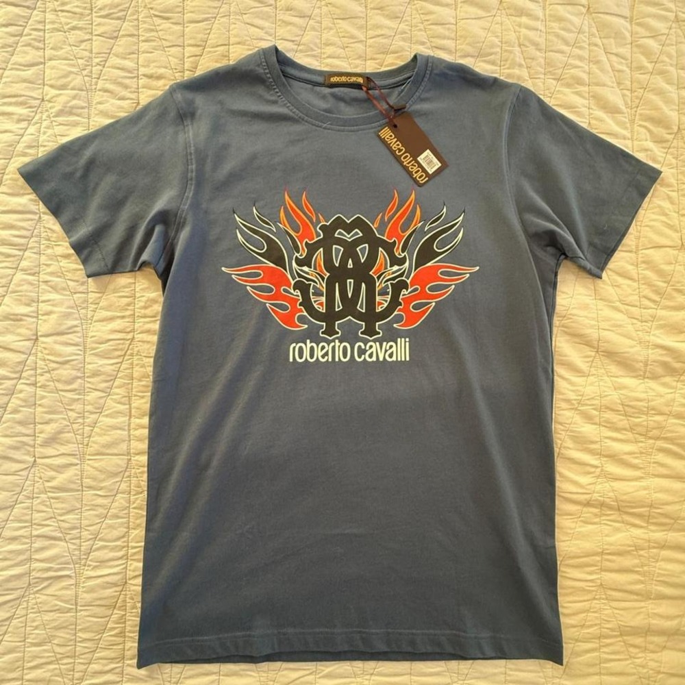Roberto Cavalli Mens Blue Flame Monogram Logo Graphic T-Shirt FST962 A#027 L NEW
